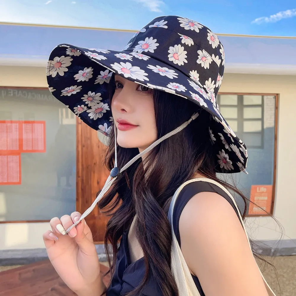 Summer Hats For Women Fashion Wide Brim Daisy Flower Print Design Sun Hat Sun Protection Travel Beach Bucket Hat