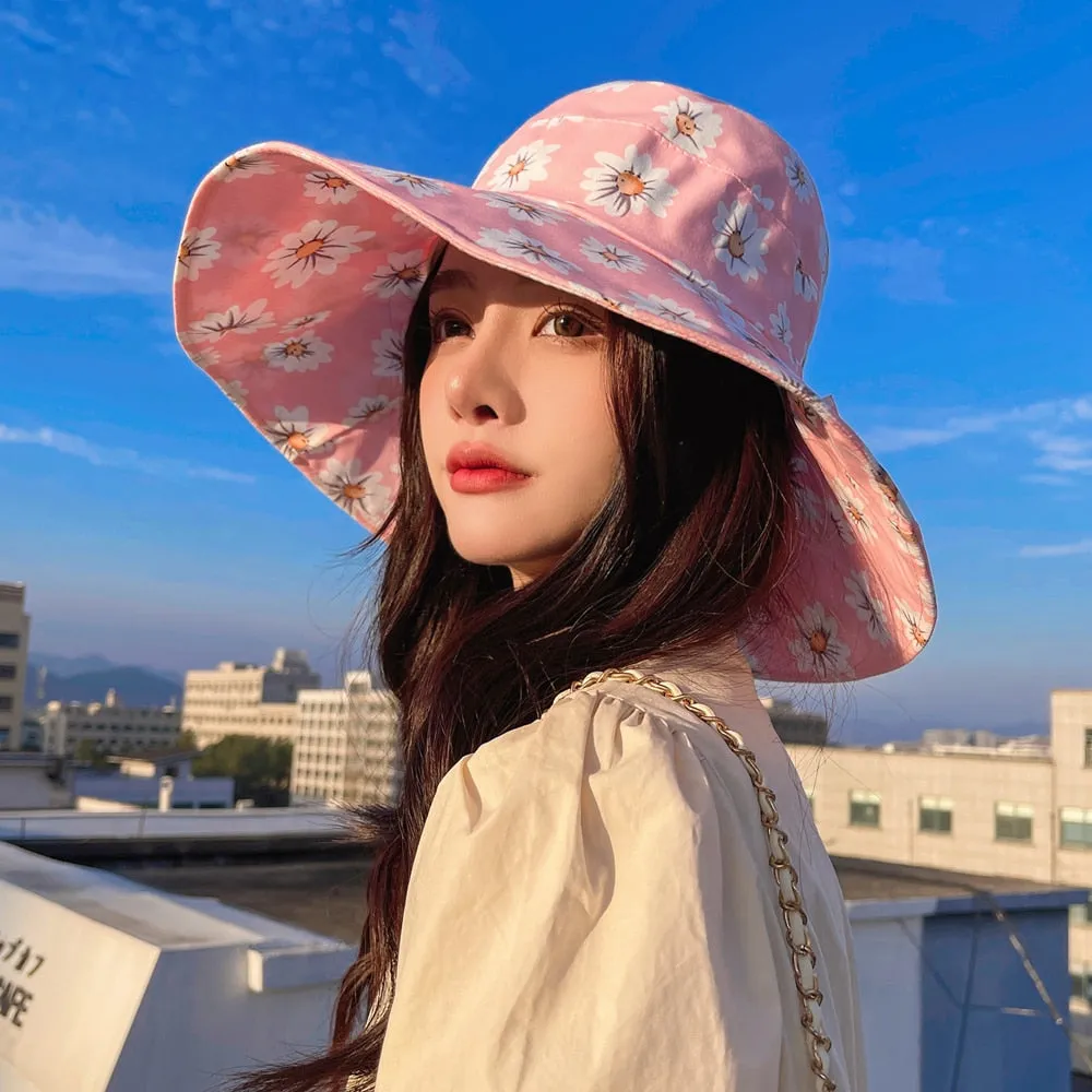 Summer Hats For Women Fashion Wide Brim Daisy Flower Print Design Sun Hat Sun Protection Travel Beach Bucket Hat