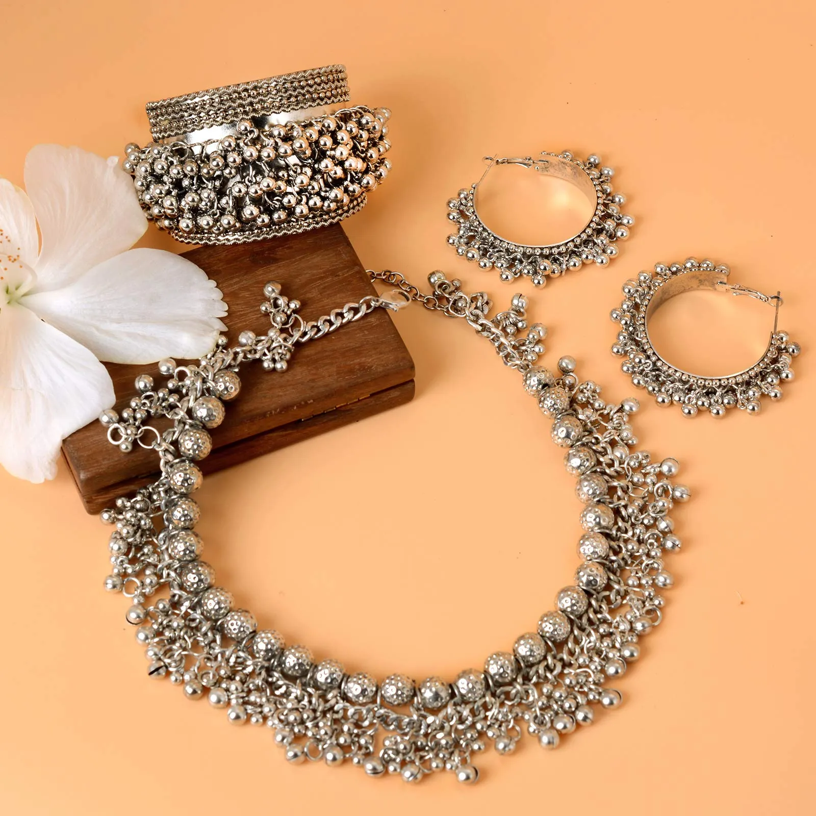 TEEJH Amisha Silver Oxidized Ghungroo Jewelry Gift Set