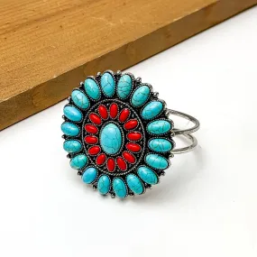 Turquoise Blue and Red Stone Circle Concho Hinge Bracelet