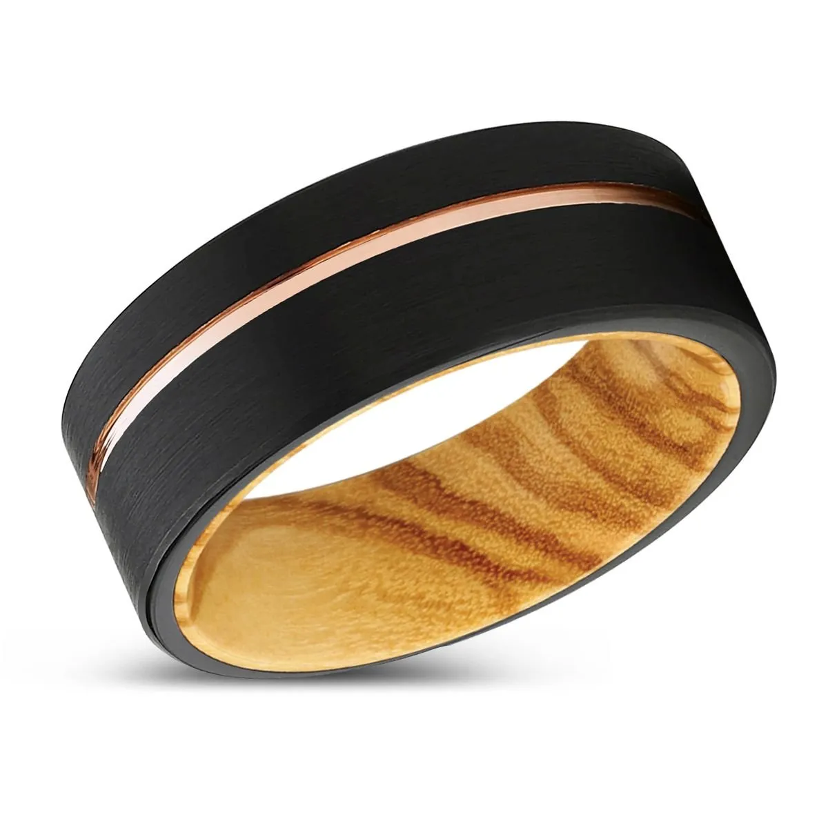 UTOPIA | Olive Wood, Black Tungsten Ring, Rose Gold Offset Groove, Brushed, Flat