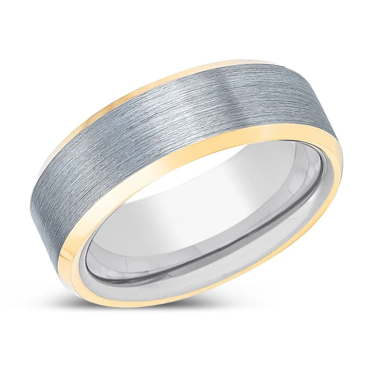 VETRAN | Silver Ring, Brushed, Silver Tungsten Ring, Gold Beveled Edges