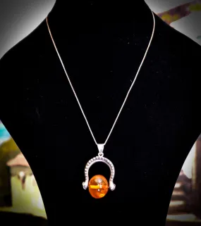 Victorian Horseshoe Amber "Spinner" Fob 925 Silver Pendant Necklace