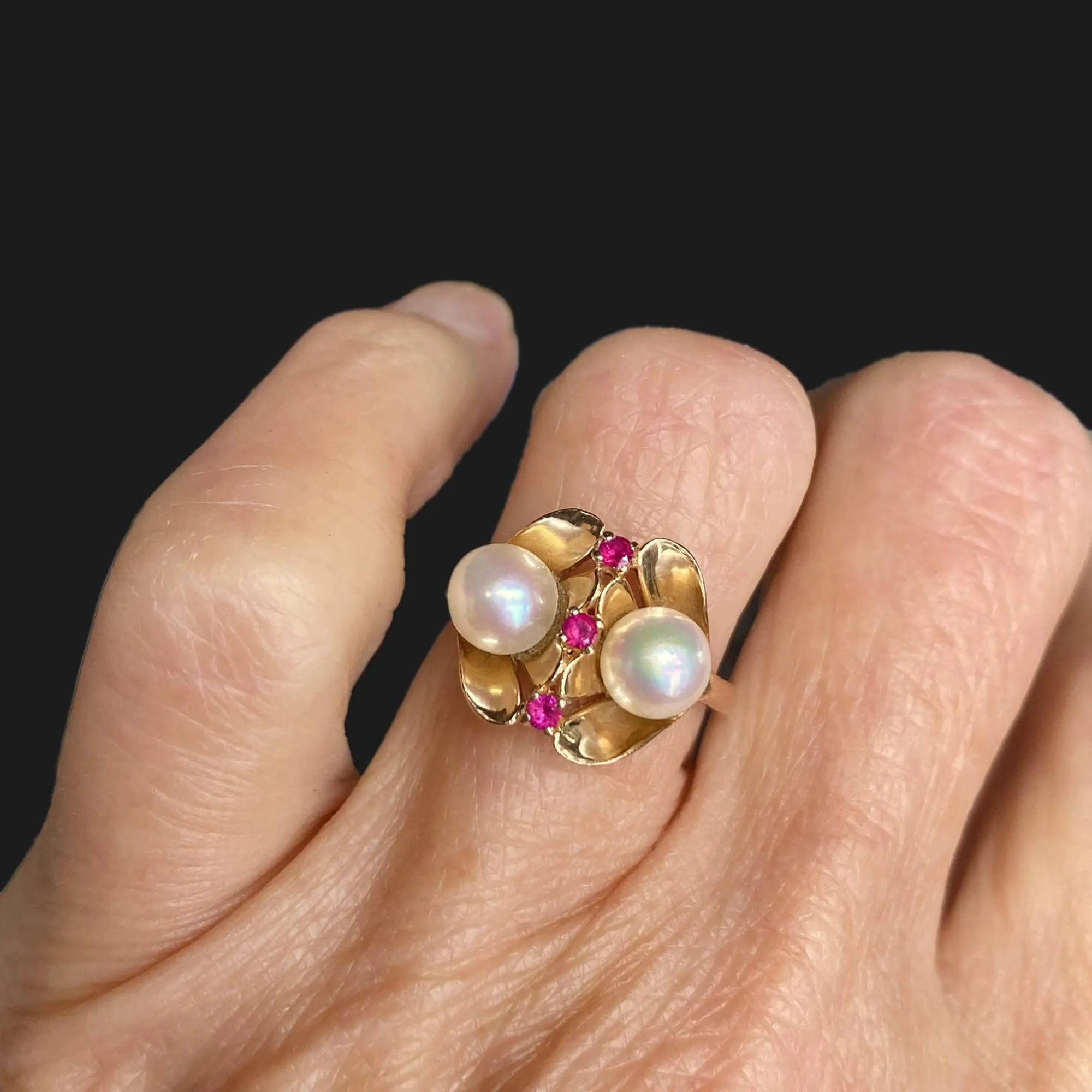 Vintage Cultured Pearl Ruby Ring in 14K Gold