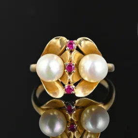 Vintage Cultured Pearl Ruby Ring in 14K Gold