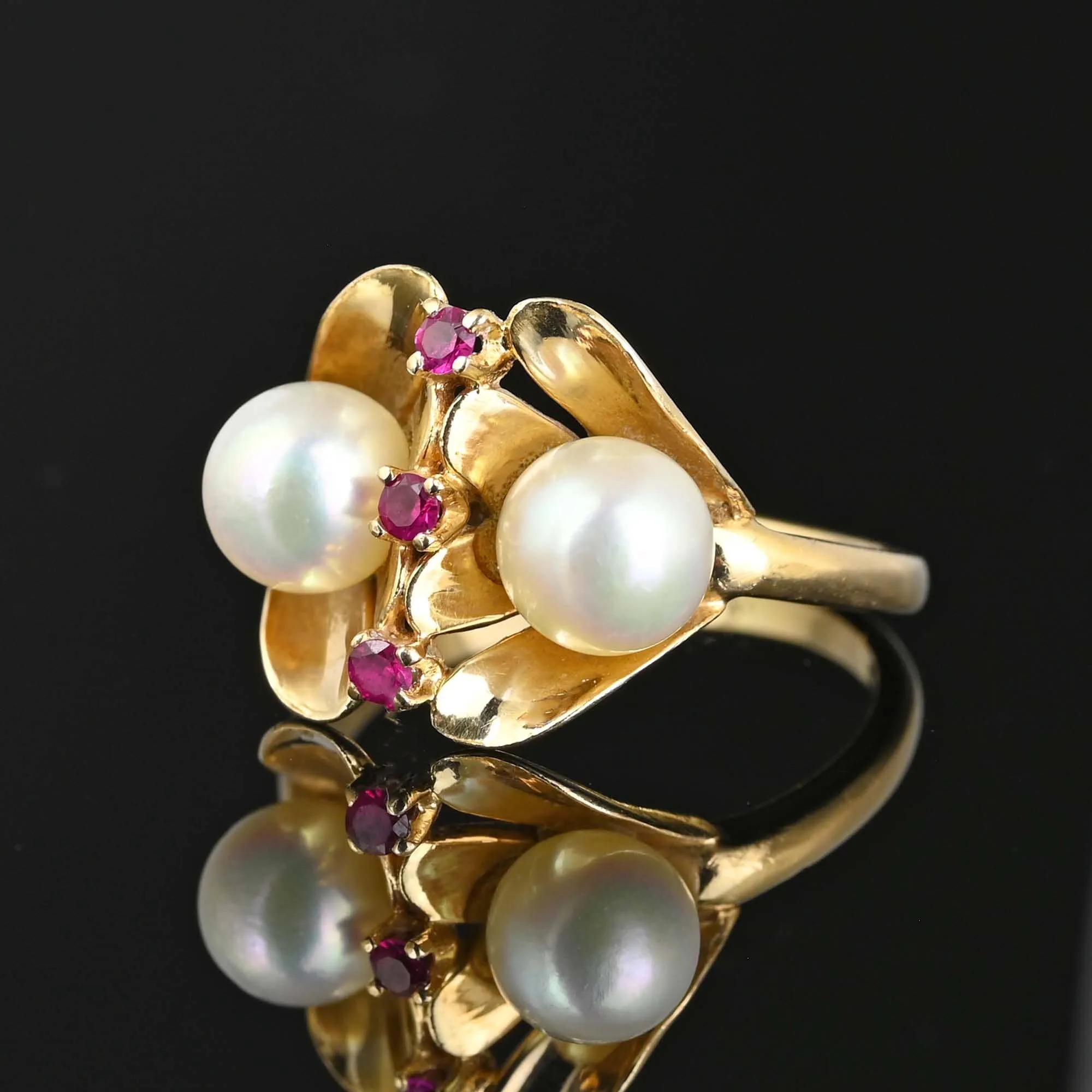 Vintage Cultured Pearl Ruby Ring in 14K Gold