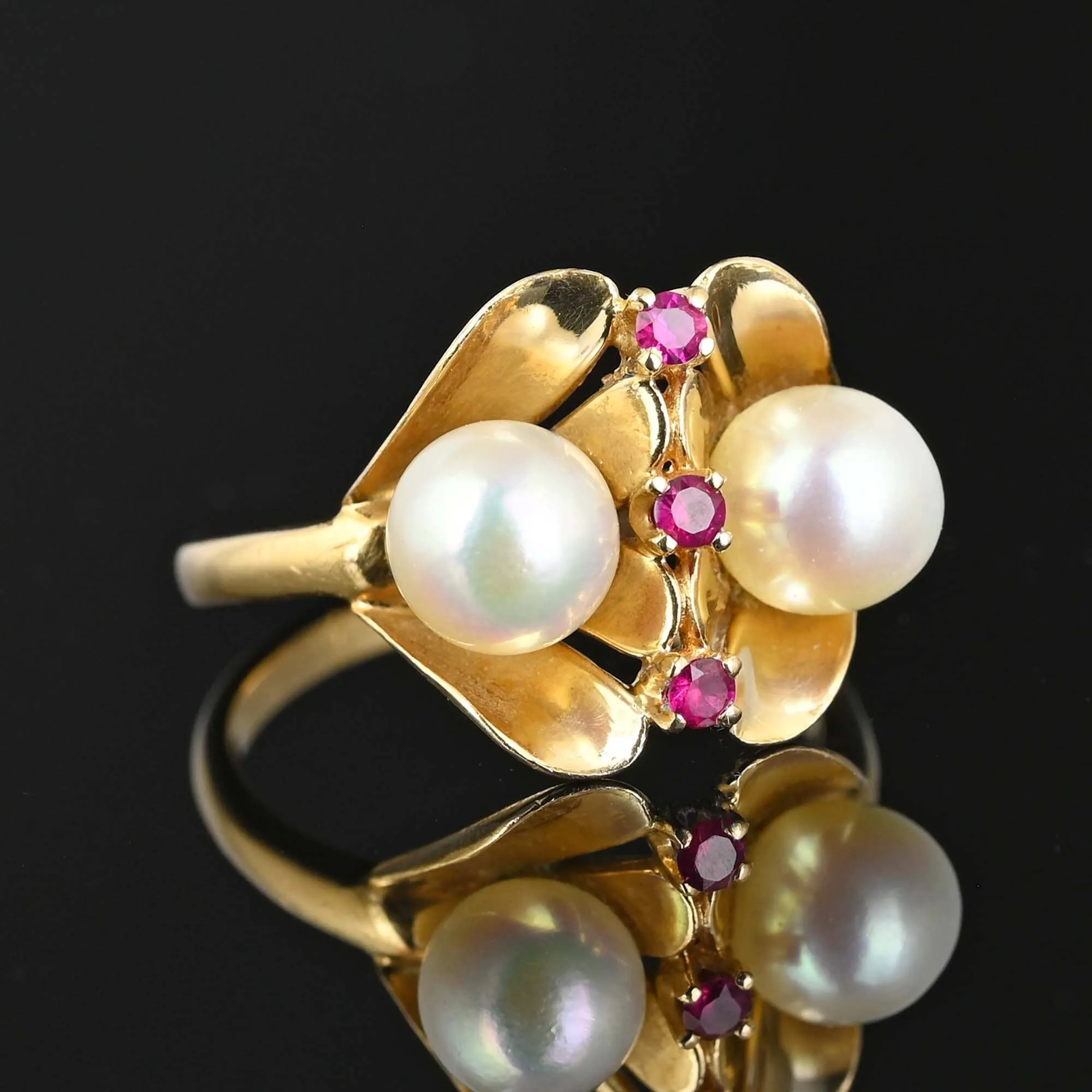 Vintage Cultured Pearl Ruby Ring in 14K Gold
