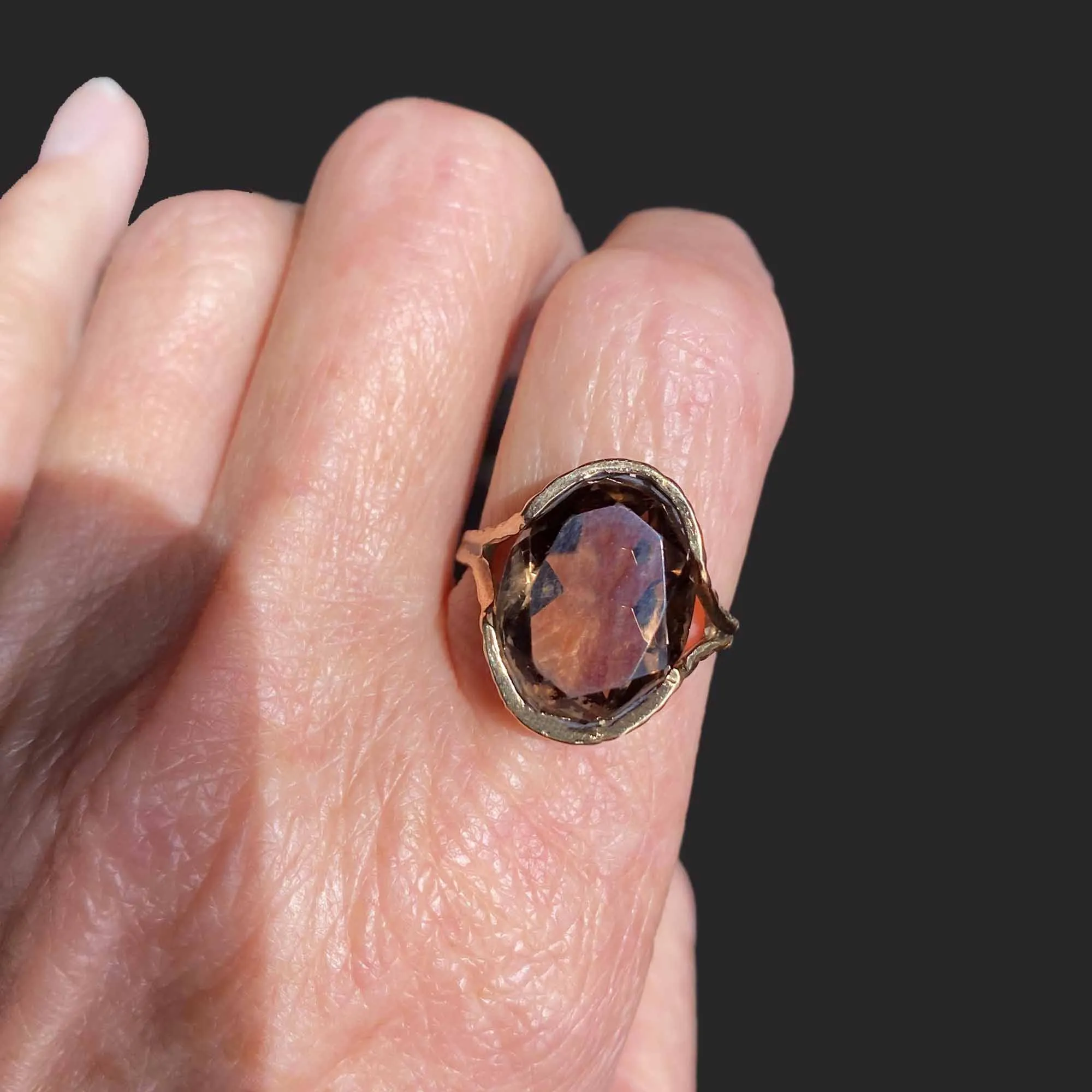 Vintage Gold 10 Carat Smoky Quartz Ring, Brutalist Style