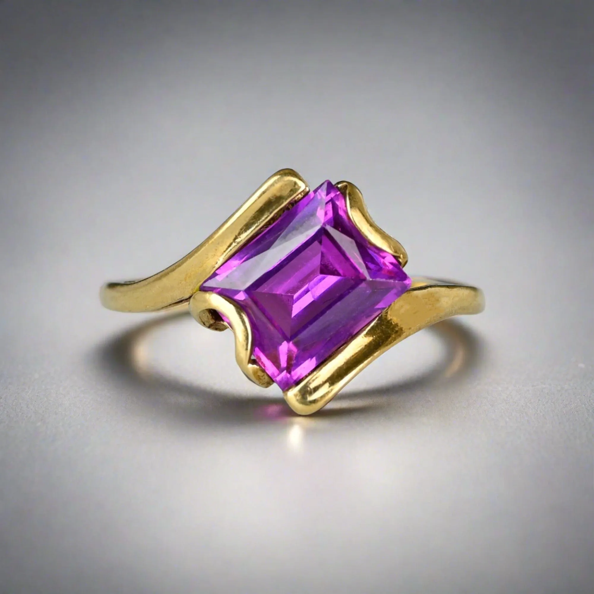 Vintage Gold Bypass Emerald Cut Purple Sapphire Ring