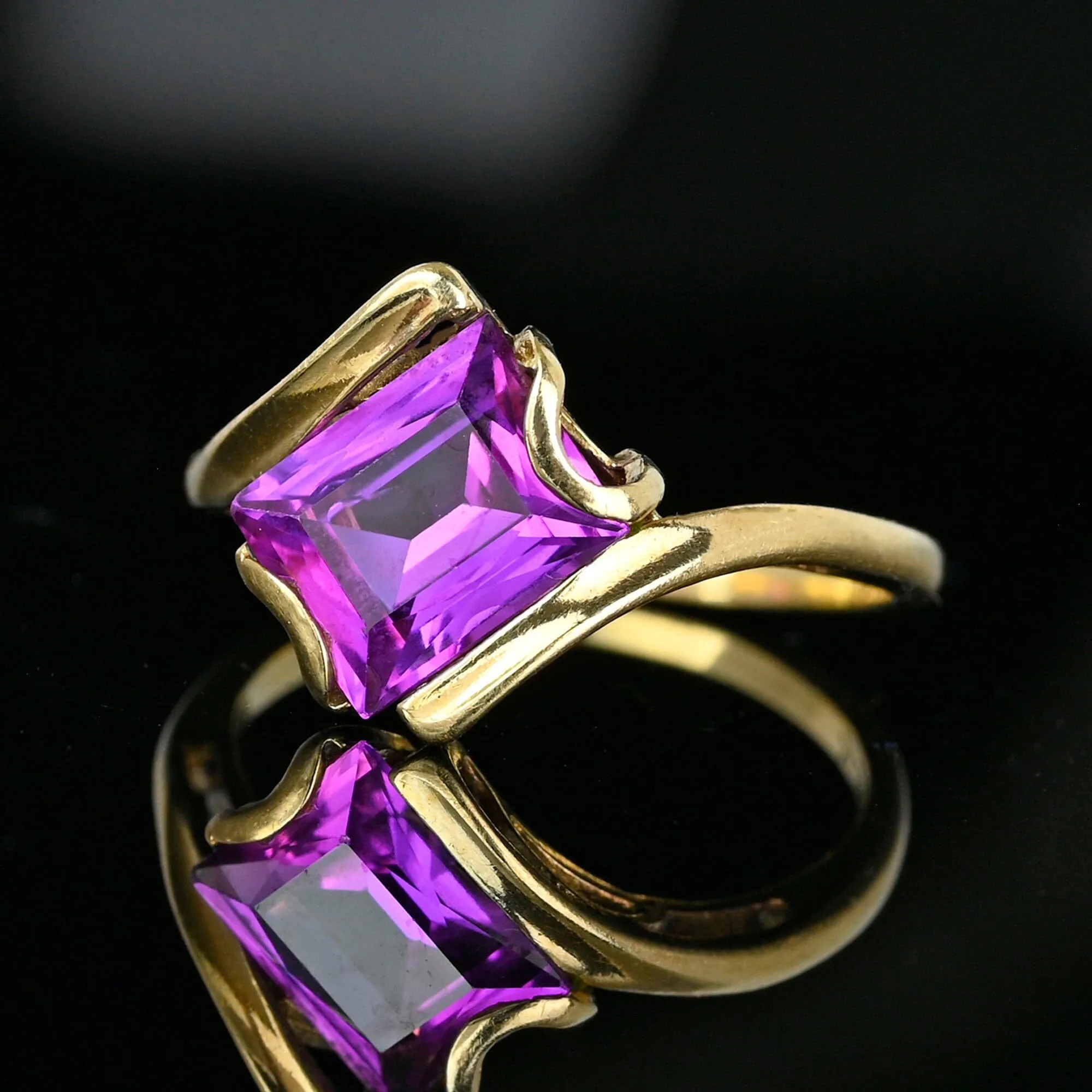 Vintage Gold Bypass Emerald Cut Purple Sapphire Ring