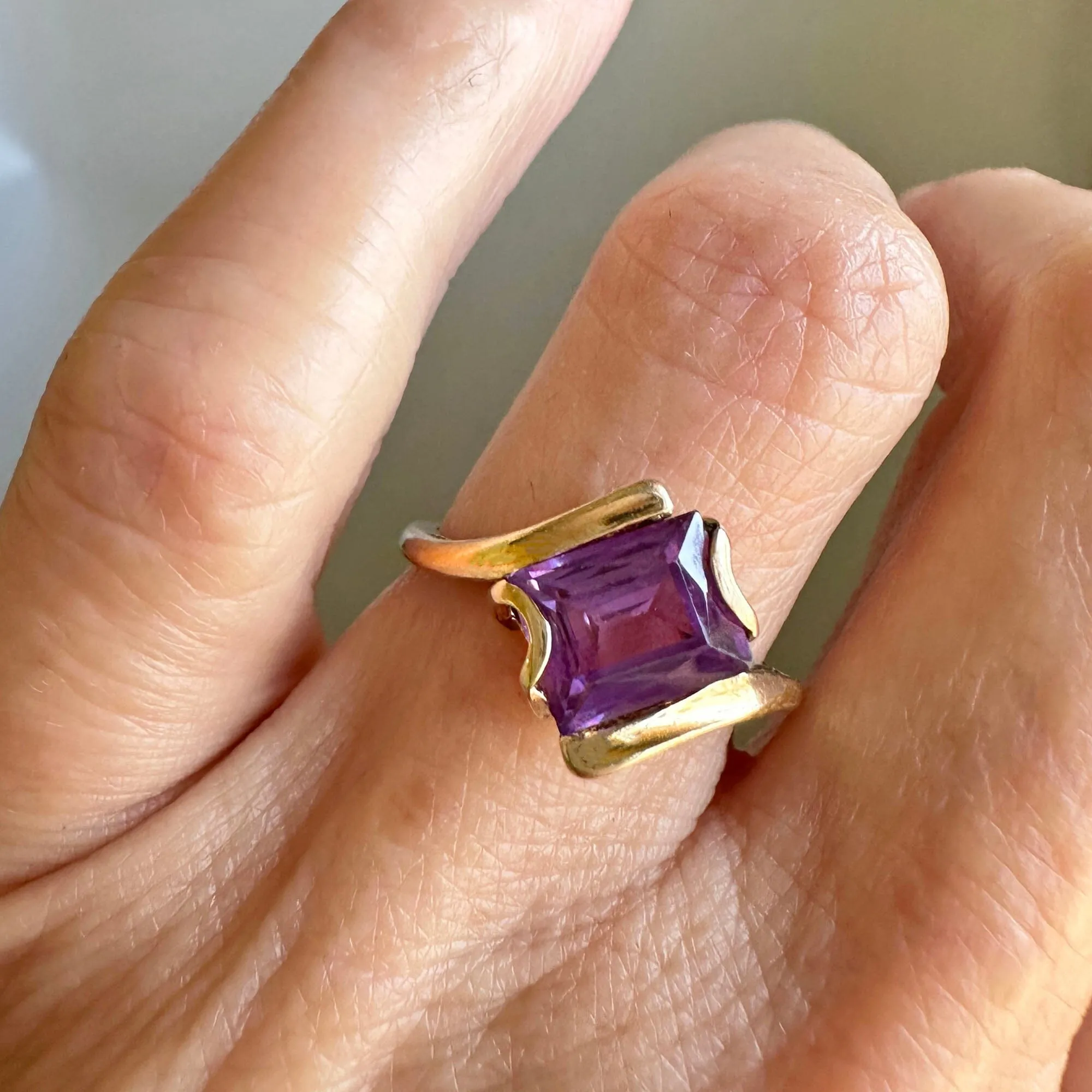 Vintage Gold Bypass Emerald Cut Purple Sapphire Ring