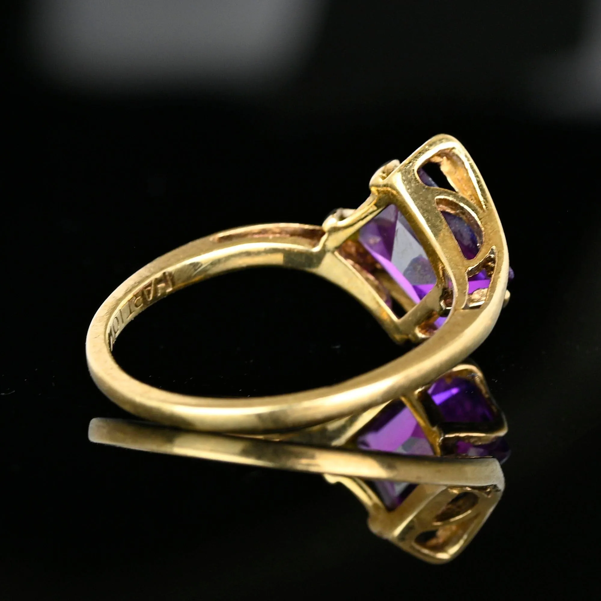 Vintage Gold Bypass Emerald Cut Purple Sapphire Ring