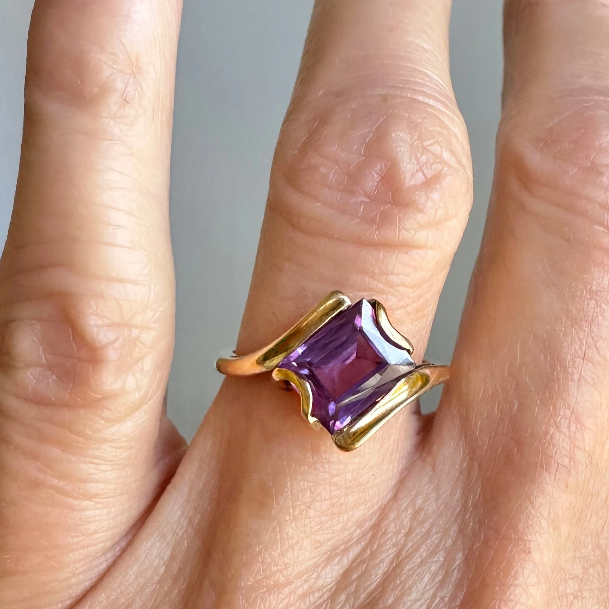 Vintage Gold Bypass Emerald Cut Purple Sapphire Ring