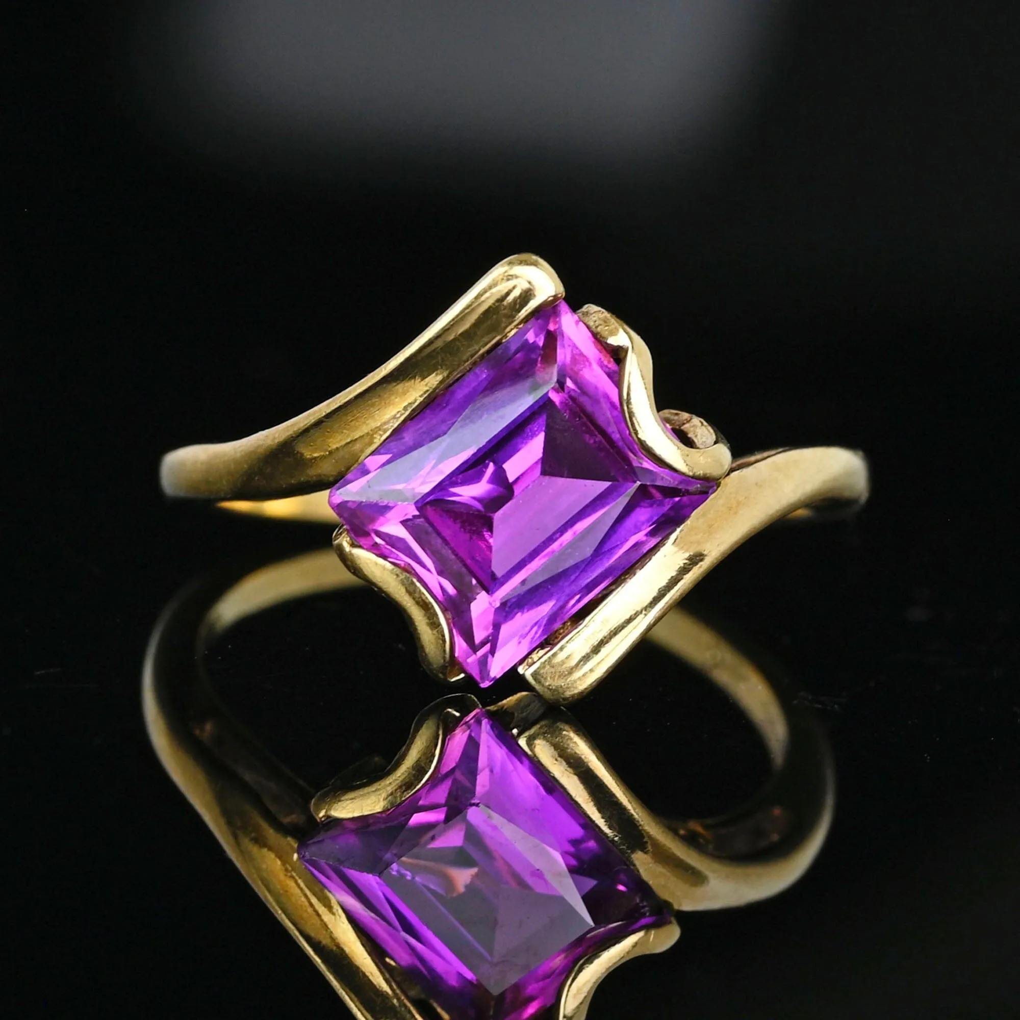 Vintage Gold Bypass Emerald Cut Purple Sapphire Ring