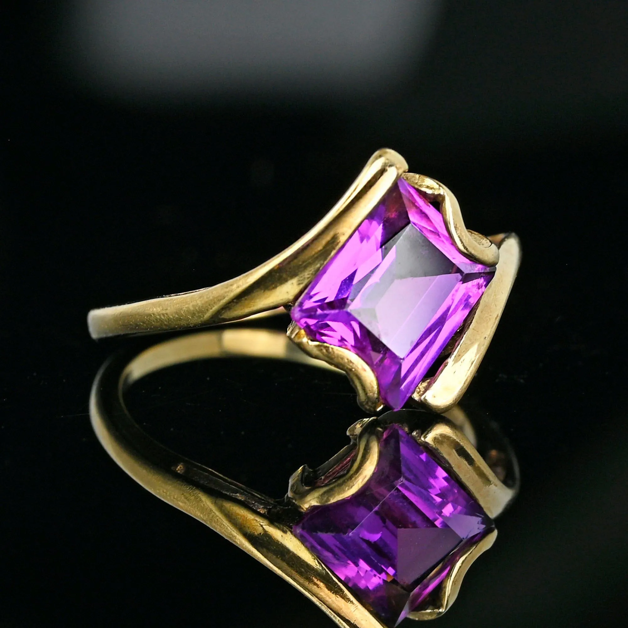 Vintage Gold Bypass Emerald Cut Purple Sapphire Ring