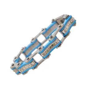 VJ1104 Two Tone Silver and Turquoise Ladies Bike Chain Bracelet with White Crystal Centers